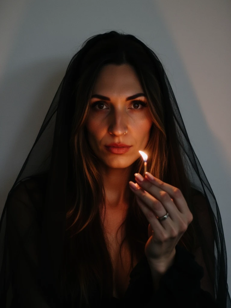 person Waist-up portrait of a woman in a sheer black veil, holding a lit matchstick in front of her face. The warm orange glow from the flame casts dramatic side-light across her features, creating deep shadows. Background is a plain white wall fading into darkness. Low-key moody photography, cinematic lighting, editorial gothic style.