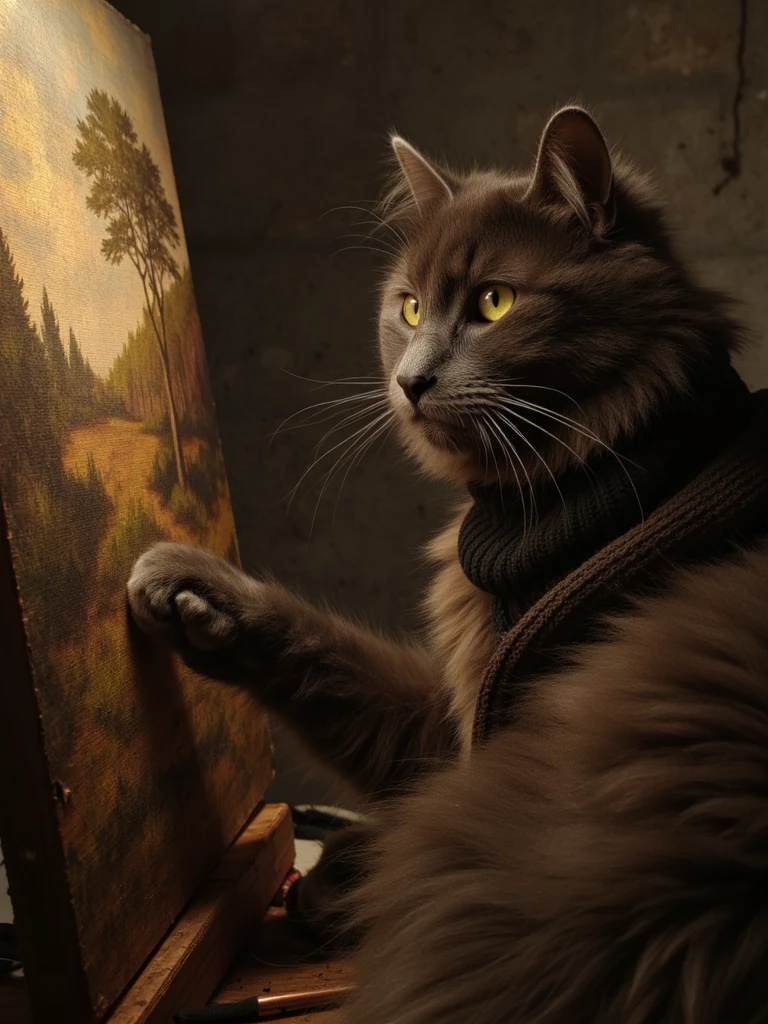 renaissance portrait of cat the cat,  as a brooding artist about to create a masterpiece. Looking regal. wearing a turtleneck. his paw holding a paintbrush and reaching out toward a canvas with a landscape painted on it. Moody lighting