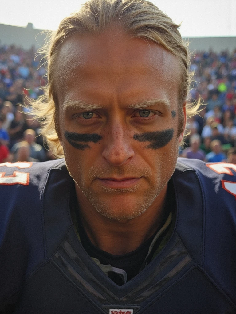 person in a football jersey, intense close-up portrait, determination in eyes, black eye paint streaks, sweat-glistened face, stadium lights reflecting, golden hour sunlight, blurred cheering crowd background, tousled hair, strong jawline, focused expression, dirt smudges on face, game day atmosphere