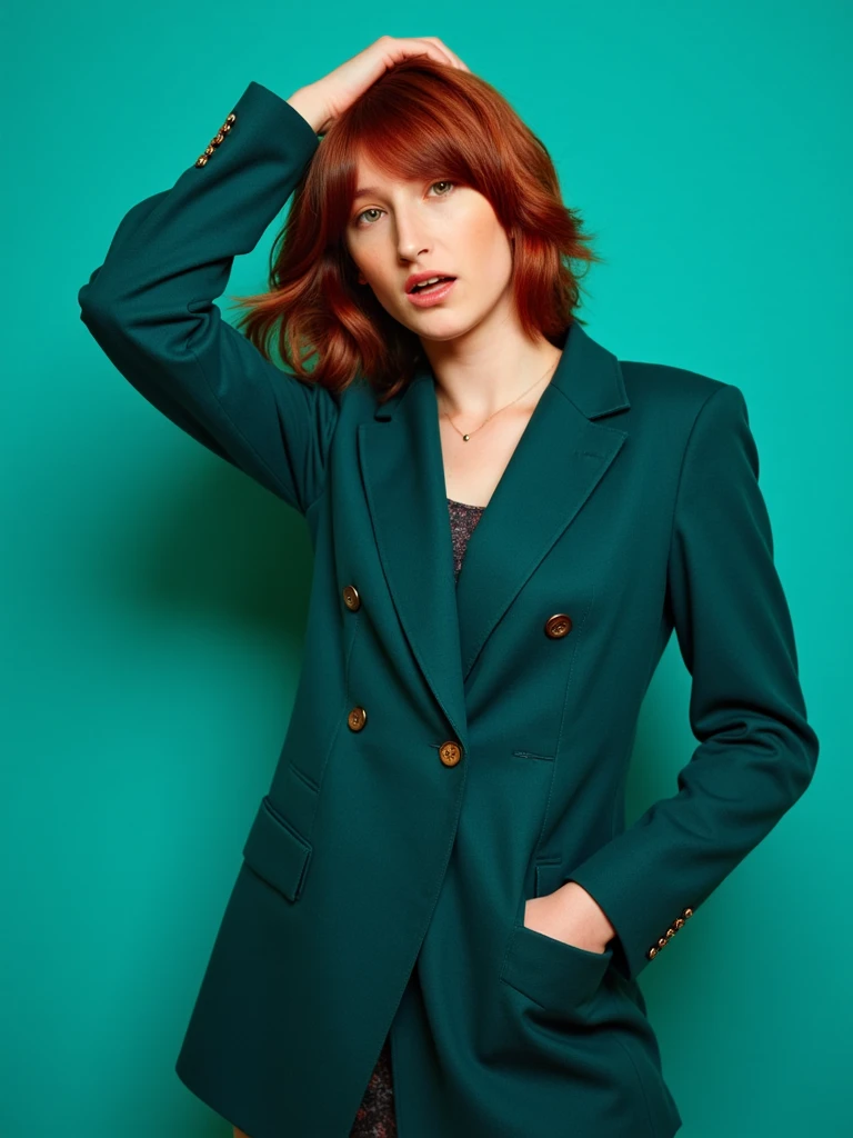 Professional branding photoshoot of person wearing a tailored teal suit coat, she is confidently posed against a bright teal backdrop, professional studio lighting, sharp focus, corporate portrait style, high-quality DSLR photograph, personal branding, LinkedIn profile, magazine quality, editorial composition, the wind is blowing her dark red hair with curtain bangs