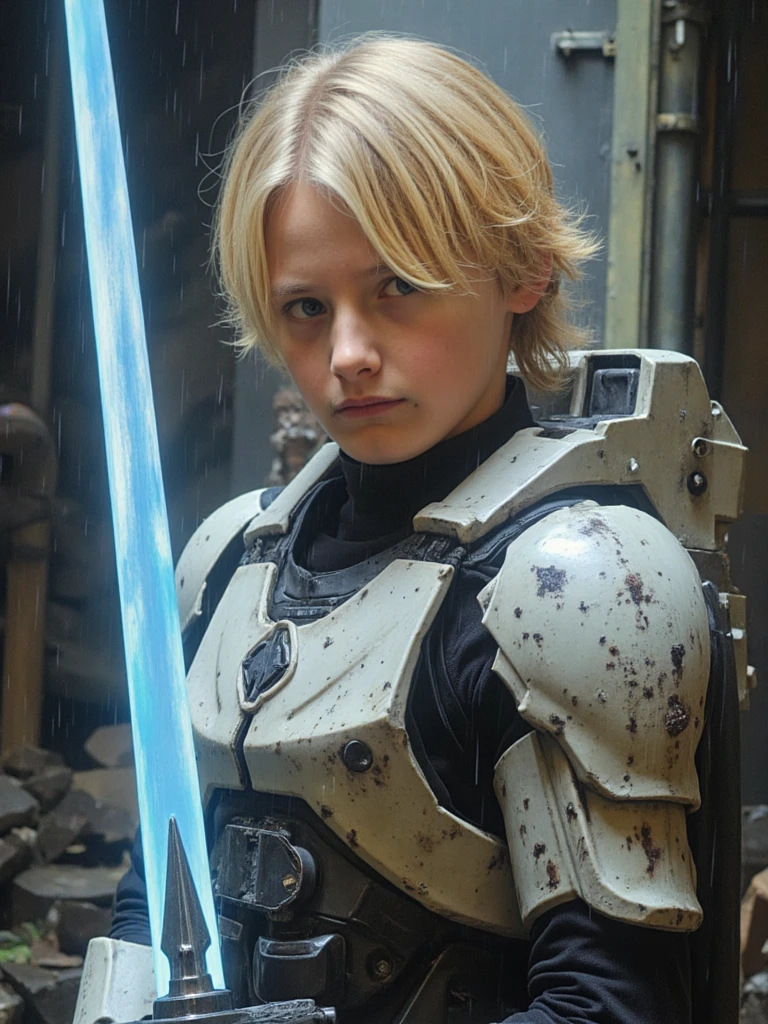Epic portrait of person with long blonde hair in a weathered white Halo combat armor, battle-scarred metal plates, tactical utility belt with grenades. Moody lighting, rain-soaked, stern expression, holding energy sword glowing ethereal blue. No helmet.