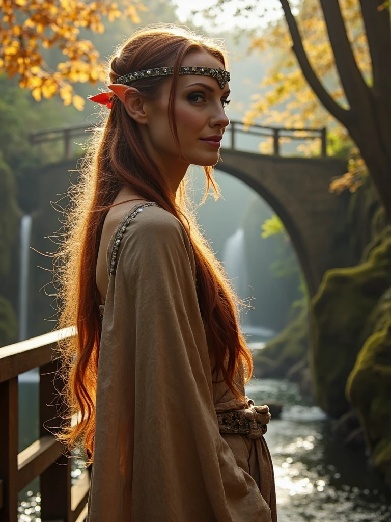 Cinematic photo of person as an elegant elf in Rivendell, standing on an ornate bridge surrounded by cascading waterfalls and autumn foliage. Ethereal golden light filtering through ancient trees, wearing intricately patterned silk robes with flowing sleeves, delicate leaf-shaped silver circlet, pointed ears adorned with gemstones. Elven architecture with curved arches and organic designs visible in background. Ultra detailed, magical atmosphere, inspired by Peter Jackson's cinematography.