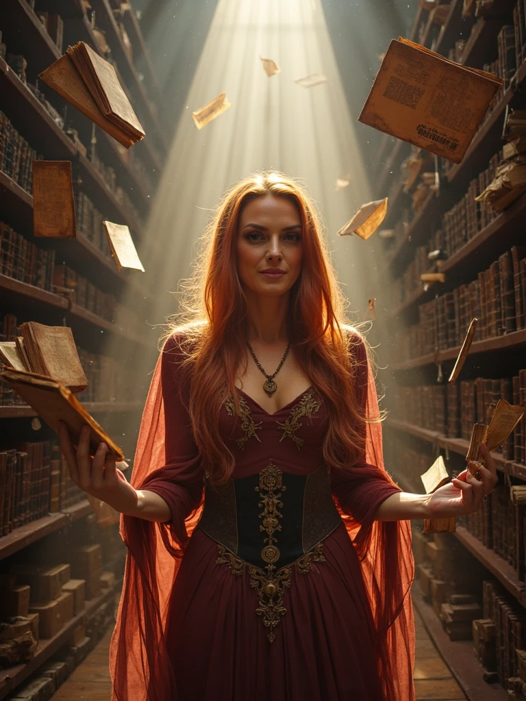 person surrounded by hovering books and scrolls in a magical library, dust particles visible in beams of light, detailed portrait photo with fantasy elements, warm tones