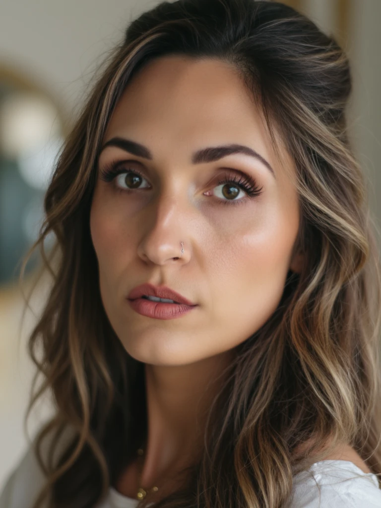 person A candid, photorealistic portrait of a human with imperfect features and an everyday look. Natural skin tone with visible pores, fine lines, and subtle blemishes. Slight facial asymmetry and natural hair texture with a few flyaways. Captured with a 50mm lens at eye level, shallow depth of field blurring the background. Soft diffused daylight from a nearby window casts gentle shadows and highlights across the face. Subject is dressed in relaxed, everyday clothing, posture casual and authentic. Emphasis on realism, warmth, and humanity — no airbrushed or overly polished look.