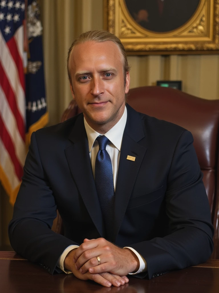 Presidential portrait of person seated in the Oval Office, oil painting on canvas, regal pose with American flag backdrop, ornate gold frame, dramatic lighting, detailed suit with presidential pin, dignified expression, historic atmosphere, inspired by John Singer Sargent, photorealistic detail.