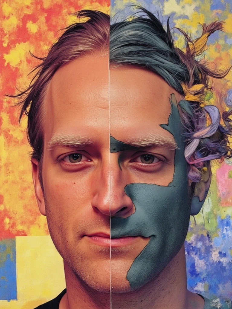 person with striking angular features, contemplative expression set against a fragmented backdrop of geometric shapes in bold primary colors, abstract forms swirling around the subject, portrait composition where reality dissolves into cubist elements, face partially deconstructed into planes of color while maintaining human essence, sophisticated color theory with complementary tones, thoughtful gaze piercing through abstract noise, sharp contrast between organic and mathematical elements