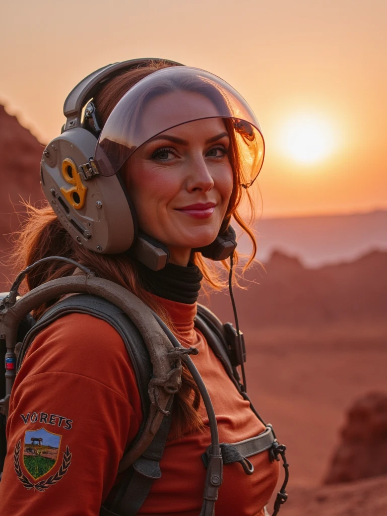 person standing confidently on the rusty Martian surface, face illuminated by the soft pink glow of the distant sun, expressive eyes reflecting wonder, slight smile, wearing a sleek space suit with transparent helmet, red planet landscape stretching behind, Earth visible as a tiny blue dot in the dusty orange sky, dramatic shadows cast by rocky formations