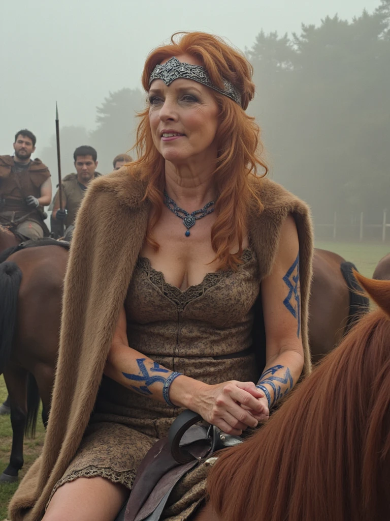 person historic photograph of her as Boudica, Celtic warrior queen sitting on a horse looking away to the right, she has blue war paint all over her face, she is making a determined face, Celtic-inspired crown, fiery hair with intricate braids, dramatic makeup with blue woad symbols on her arms, fur-lined cape, ancient Celtic patterns on clothing, misty atmosphere,