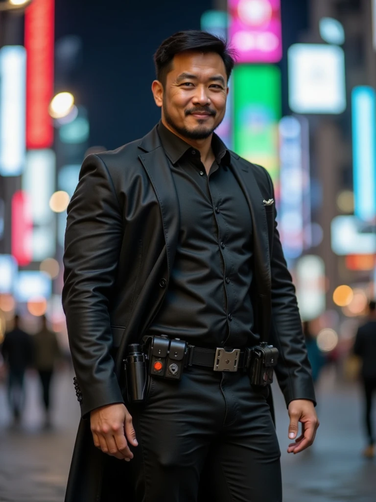 Man, Professional photograph of person in sleek modern superhero attire, mid-action pose, focused expression, technological gadgets on utility belt, holographic interface, futuristic city, neon lights