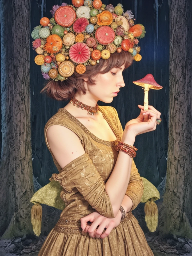 person  A digital illustration of digital artwork created in a mixed media style, blending elements of watercolor and ink. a woman as mushroom goddess, crowned with an intricate headdress of colorful fungi varieties, ethereal expression, wearing a dress with patterns resembling spore prints, arms gracefully holding a glowing bioluminescent mushroom, forest twilight colors