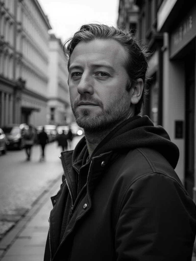 person Moody black and white street portrait standing slightly turned, eyes looking off-camera with a contemplative expression. Wearing a dark jacket. Captured in soft natural light on a quiet urban street, blurred background with faint architectural lines and light reflections on wet pavement. High contrast black and white photography with sharp facial detail, fine texture in skin and hair, slight grain for classic street film look