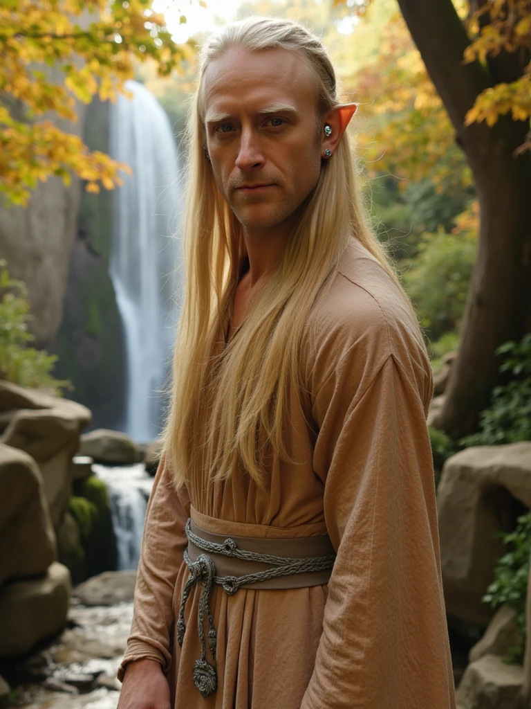 Cinematic photo of person as an elegant elf in Rivendell, standing on an ornate bridge surrounded by cascading waterfalls and autumn foliage. Ethereal golden light filtering through ancient trees, wearing intricately patterned silk robes with flowing sleeves, delicate leaf-shaped silver circlet, pointed ears adorned with gemstones. Elven architecture with curved arches and organic designs visible in background. Ultra detailed, magical atmosphere, inspired by Peter Jackson's cinematography.