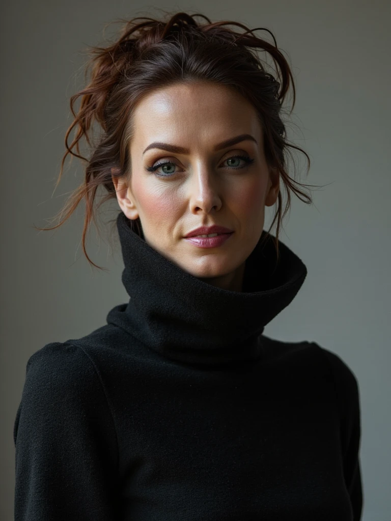 Dramatic fashion editorial, person as the centerpiece, dramatic high collar, professional studio lighting, stark minimalist background, Vogue-style composition, shot by Annie Leibovitz, cinematic color grading, hyper-detailed textures