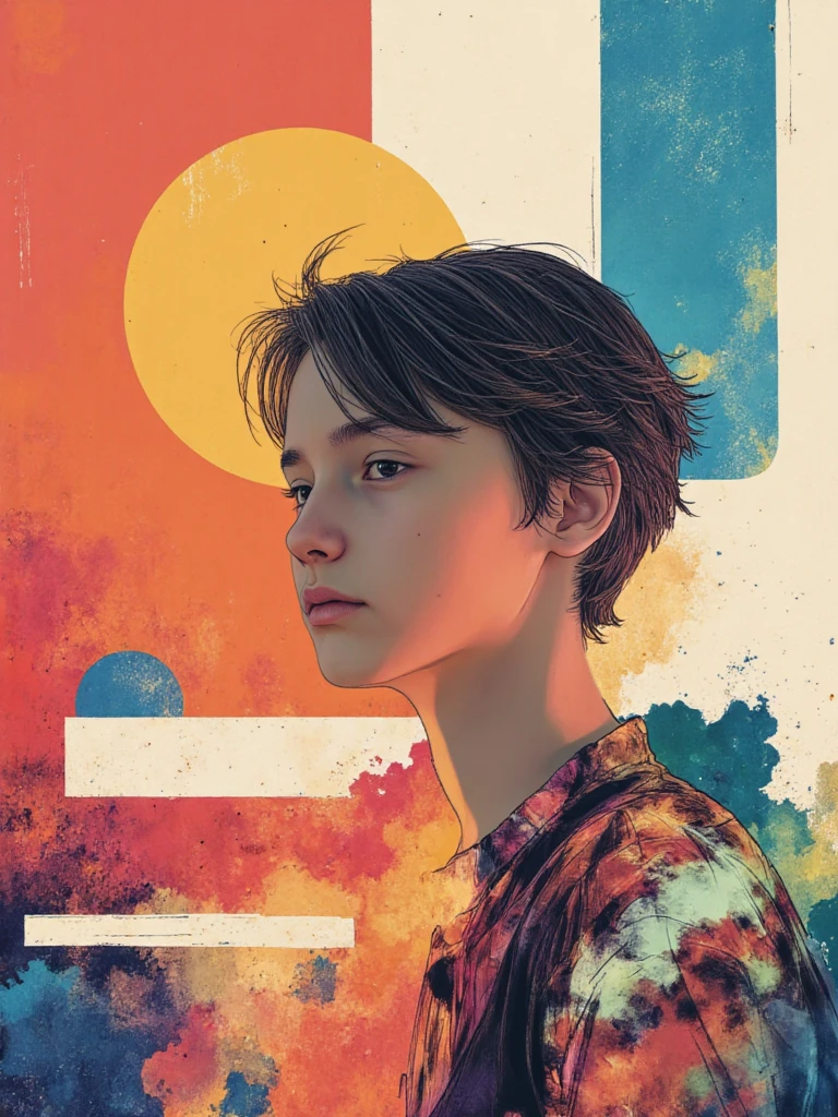 person in profile portrait, elegant silhouette against a backdrop of geometric color blocks and fluid abstract forms, side view highlighting strong facial features and graceful neck, conceptual interplay of negative space and bold lines, artistic composition with vibrant complementary colors, minimalist approach with emphasis on form and shape, contemporary artistic portrait with subtle texture layers
