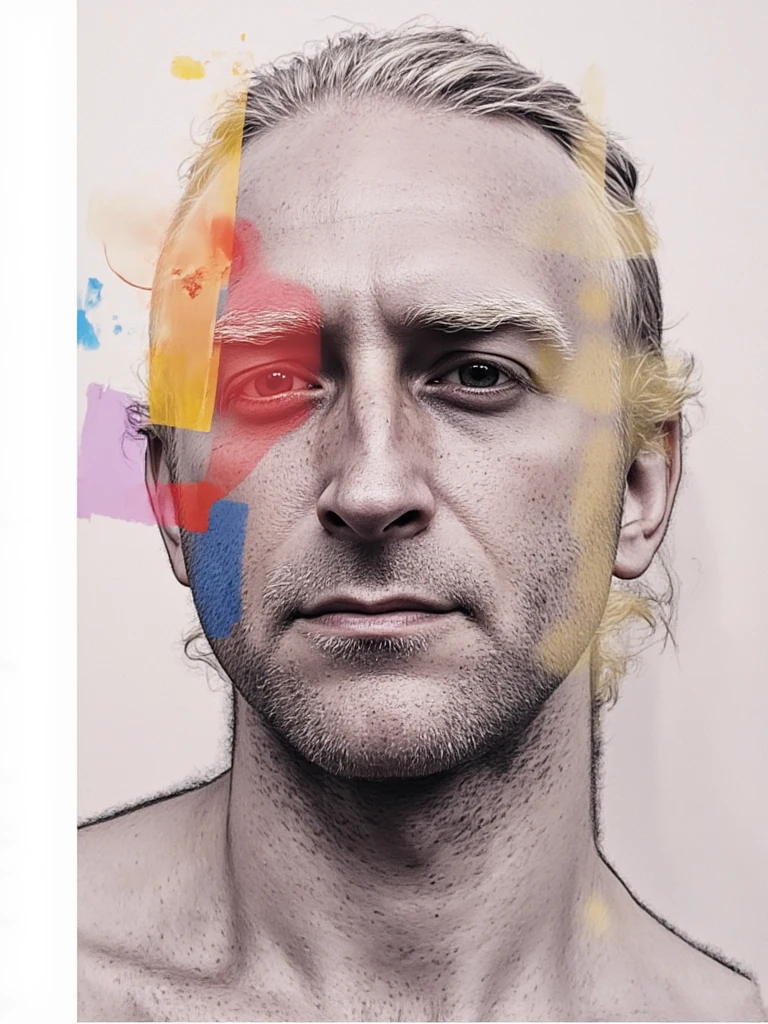 person  with a subtle half-smile, portrait merged with architectural elements, face partially obscured by translucent geometric shapes, emotional depth conveyed through contrasting textures, monochromatic palette interrupted by a single vibrant color accent