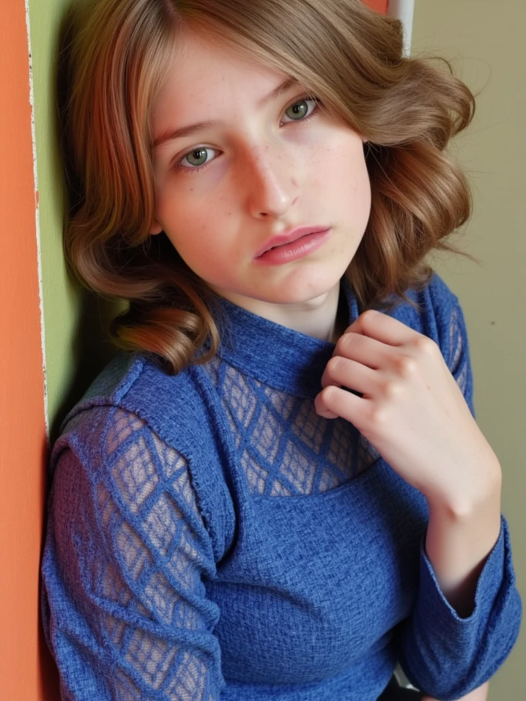 person leaning back against a colorblock wall, she has serious expression, her hair is tousled, she is wearing a blue lace shirt with high collar