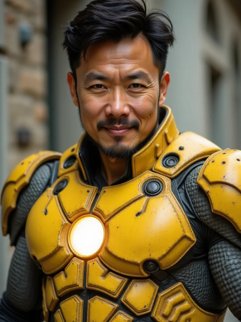 Man. Portrait of person as a powerful superhero, yellow metallic armor looks weathered but tough, dynamic pose, vibrant comic book style, strong facial features, determined eyes, energy aura coming from his chest