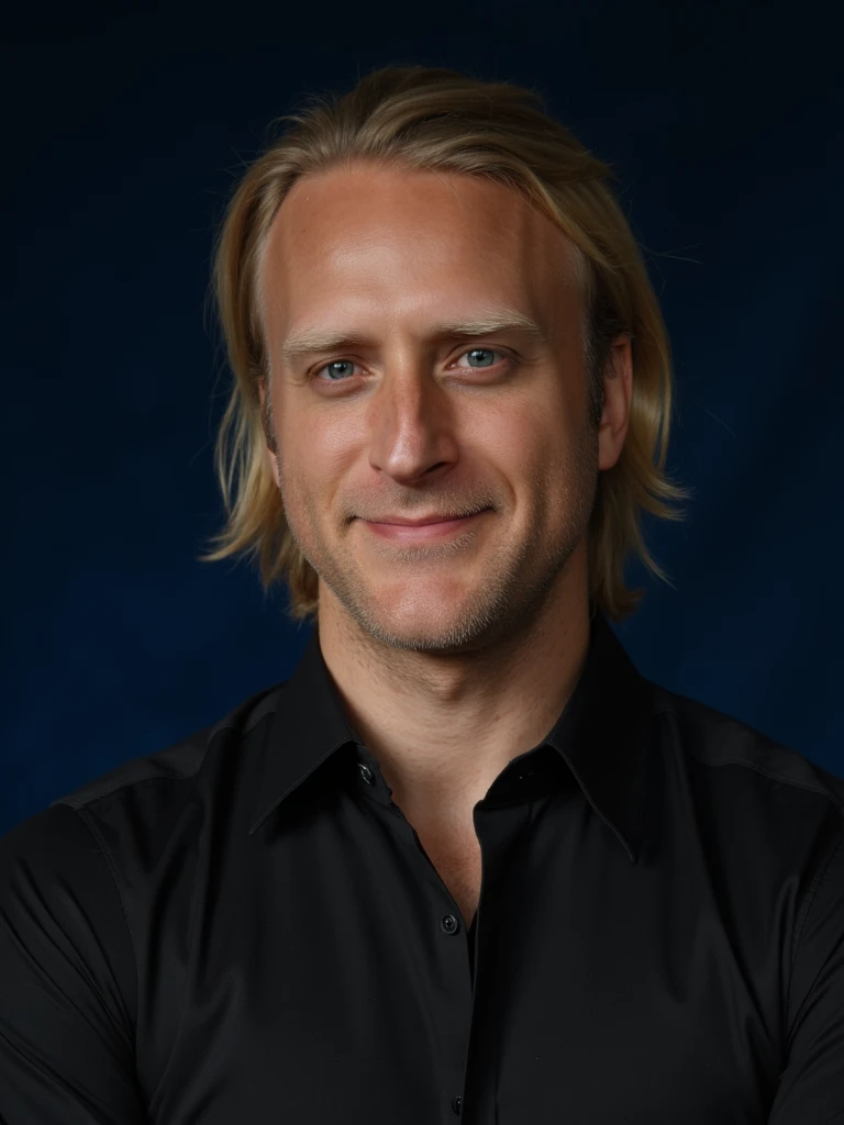 Studio portrait photograph of person , he has a adiant closed-mouth smile, dark textured blouse, dramatic rim lighting creating definition, Rembrandt-inspired lighting triangle beneath eye, rich dark blue backdrop, epic cinematic mood