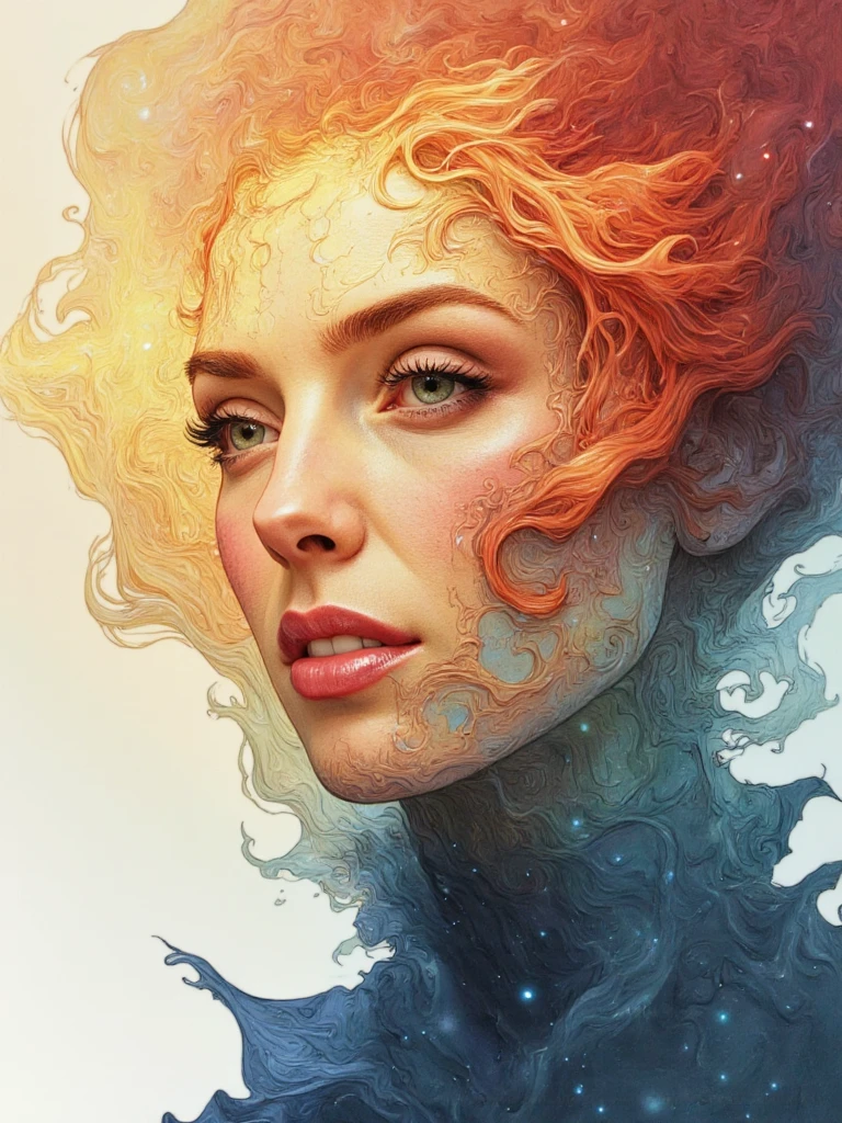 person with face represented as an abstract weather system, eyes calm at the center of a swirling atmospheric pattern, portrait exploring emotional states