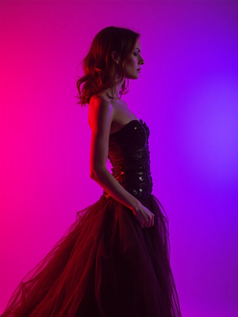 High-fashion editorial photoshoot of person , posing against a vibrant neon backdrop, wearing a dramatic haute couture gown, dramatic side lighting creating bold shadows, captured with a medium format camera, inspired by Solve Sundsbo and Nick Knight, electric purple and fuchsia color palette