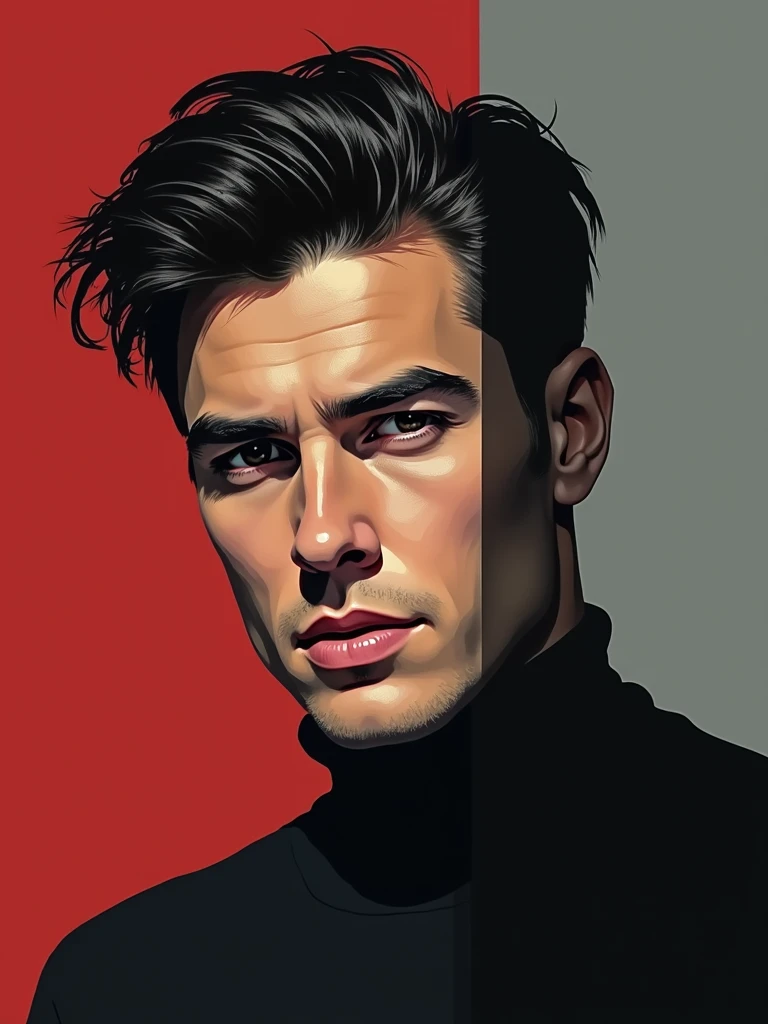 A confident person with striking eyes and a contemplative expression, sharp jawline and tousled dark hair swept back, wearing a minimalist black turtleneck against a stark geometric background split between deep crimson and cool slate gray, bold graphic shapes framing the composition, high contrast lighting casting dramatic shadows across one side of the face, clean lines and stylized realism blending painterly brushstrokes with precise vector-like edges, subtle texture suggesting mixed media collage elements, the gaze direct and magnetic, photorealistic skin tones with an artistic edge