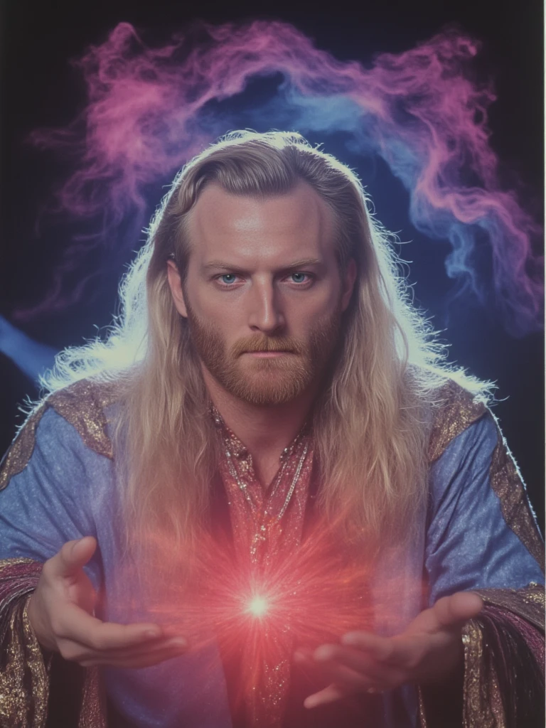  person  as mystical spellcaster, determined expression, flowing robes with arcane symbols, glowing spell effects, vivid neon colors, airbrushed style, dramatic lighting, 80s fantasy movie poster aesthetic