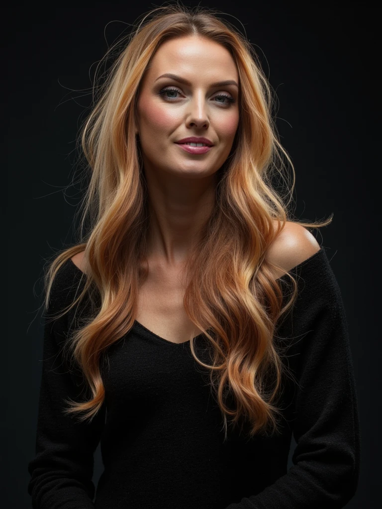 Studio portrait of person with dramatic lighting, long blond hair, wearing avant-garde haute couture, intense expression, fine art photography reminiscent of Annie Leibovitz, cinematic composition, rich contrasting shadows, editorial quality, timeless elegance, professional fashion photography, striking pose, artistic depth