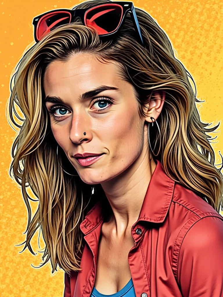 Pop art style illustration of person with bold outlines, vibrant complementary colors, halftone pattern effects, quirky exaggerated features, wearing fashionable retro outfit, expressive pose, comic book influence