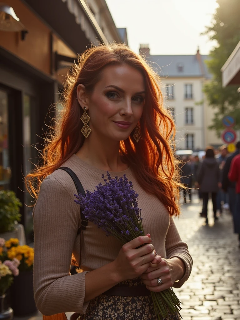 person captured at a Parisian flower market, holding a small bouquet of lavender, cobblestone streets glistening after light rain, cinematic lighting, fashion editorial quality, expressive eyes, golden hour lighting