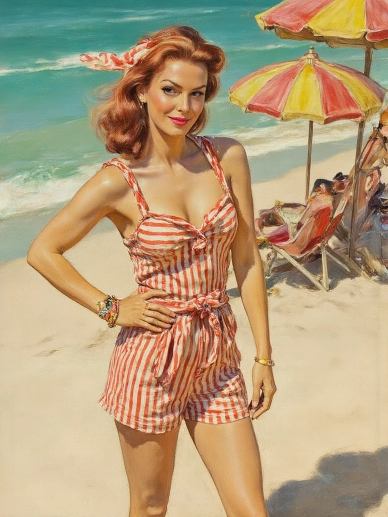 person standing on a pristine sandy beach, warm sunshine gleaming off flawless skin, carefree expression with perfectly styled hair caught in a gentle breeze, wearing a fashionable high-waisted striped jumpsuit with coordinating headscarf, posed confidently against a backdrop of turquoise waters and colorful beach umbrellas, vibrant saturated colors reminiscent of 1950s vacation advertisements, clean graphic composition with optimistic atmosphere