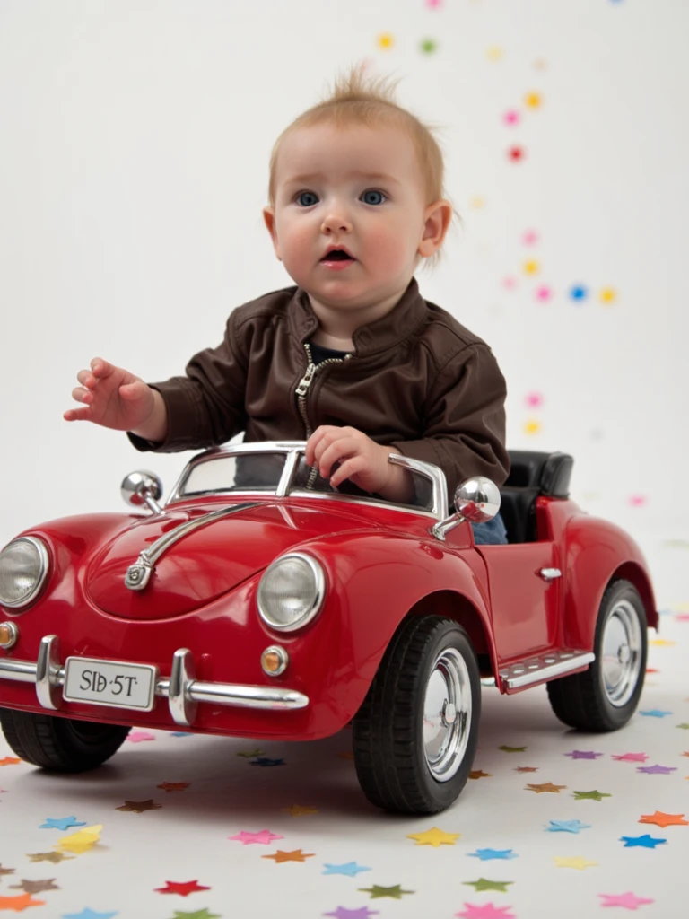 High-fashion editorial photo of person as a stylish baby wearing a miniature leather jacket, posed in a luxurious toy convertible. Studio lighting with a bright background as confetti falls around the car.