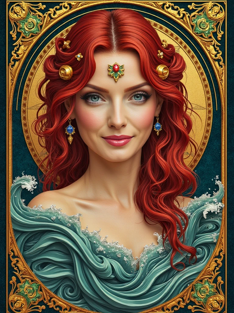 Art nouveau poster style portrait of person as a mythological siren, ornate decorative borders, flowing hair merging with waves, jewel-toned colors, gold accents