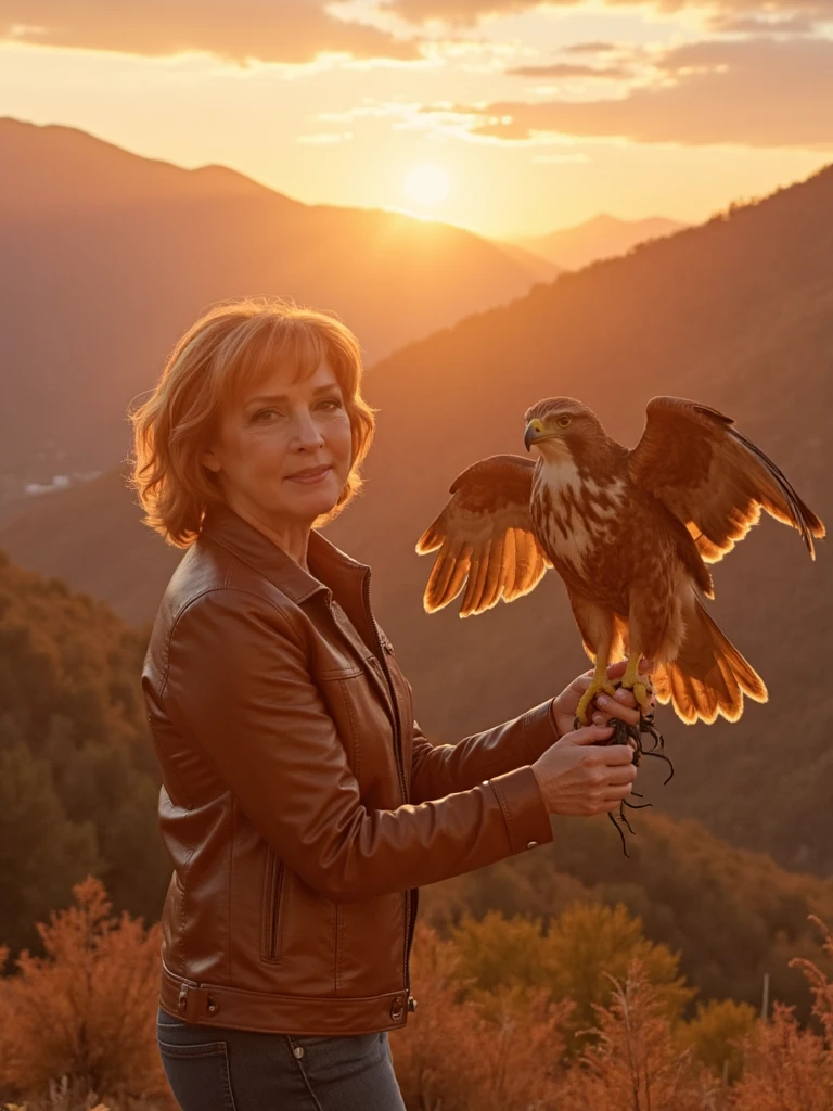 A high-resolution portrait photography of person holding a majestic hawk on her hand. The hawk's wings are fully spread, presenting an impressive span. The scene is set against a dramatic mountain landscape near sunset, creating a classical and wild feel. She wears a wilderness-inspired leather jacket. The light is soft and golden, enveloping the subjects naturally. The image evokes strength and freedom. Primarily shot at eye-level, medium frame, vivid contrast, shot on Canon EOS R5, cinematic tone, sharp detail. She has shoulder length hair.