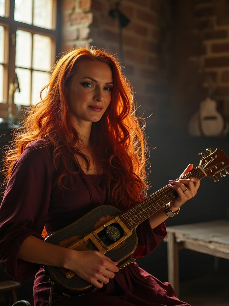 vintage portrait photograph of person, a woman with long red hair playing a strange musical instrument in a medieval tavern, golden light streaming through windows, rich textures