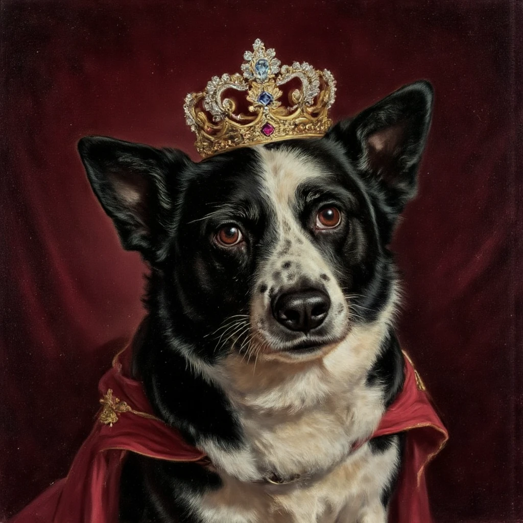Studio portrait of dog with a crystal crown catching the light, professional lighting, sharp focus on eyes, regal posture, deep colored velvet backdrop, hint of a royal cape