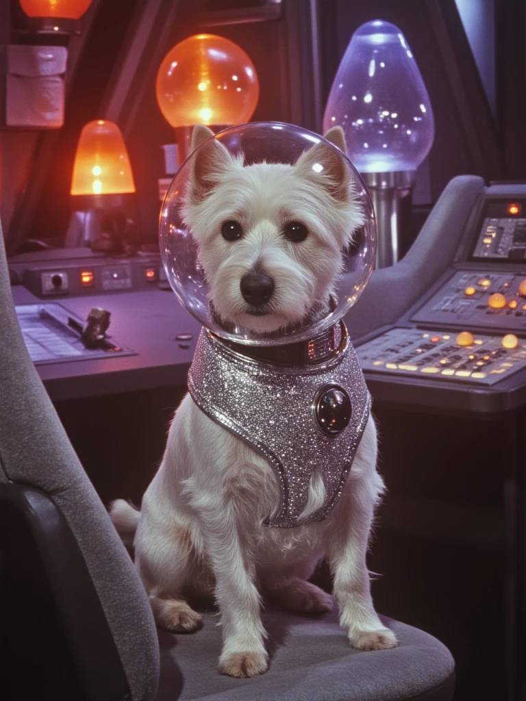 dog  in a shimmering silver space suit, futuristic translucent bubble helmet, standing confidently in a psychedelic spacecraft cockpit filled with curved vintage control panels and lava lamp-like displays, dramatic mood lighting with orange and purple hues, 1960s retro-futuristic aesthetic, analog technology with big buttons and dials, plush velvet seating, dramatic pose looking straight at camera