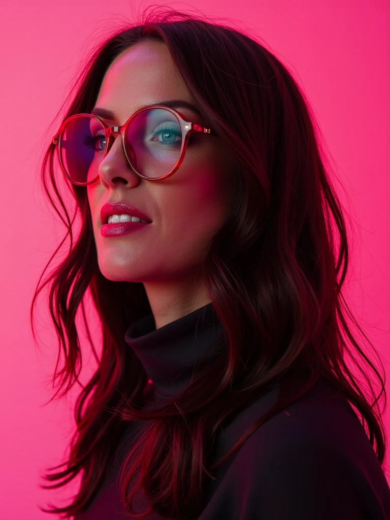 Dramatic fashion editorial, person as the centerpiece, dramatic high collar, professional studio lighting, stark minimalist pink background, Vogue-style composition, shot by Annie Leibovitz, cinematic color grading, hyper-detailed textures, long black hair with layers, she is wearing small pink-rimmed circular eyeglasses