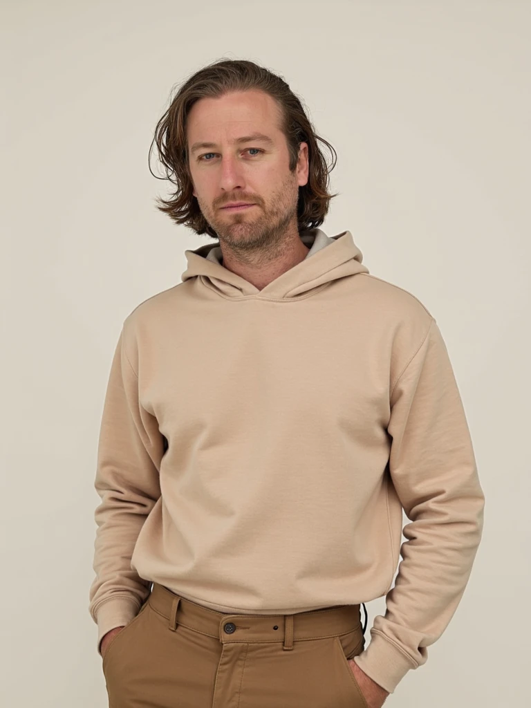 person centered in frame, waist-up portrait, facing directly forward, chin level, eyes looking directly into camera, neutral closed-mouth expression, wearing solid neutral-toned fashionable modern outfit, standing against solid pale background, professional studio lighting, clean high-resolution fashion editorial photography style