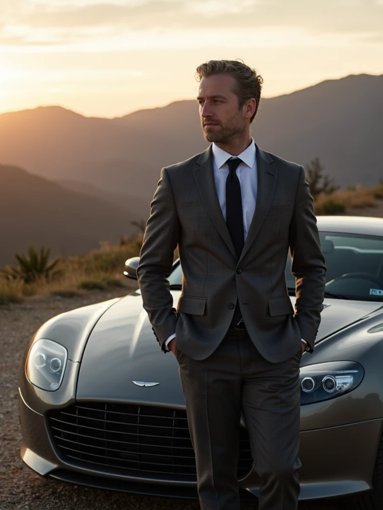Professional photoshoot of person  as a spy posing beside an Aston Martin, wearing a tailored suit, mountains in background, golden hour lighting, faded lighting, sunset, looking brooding