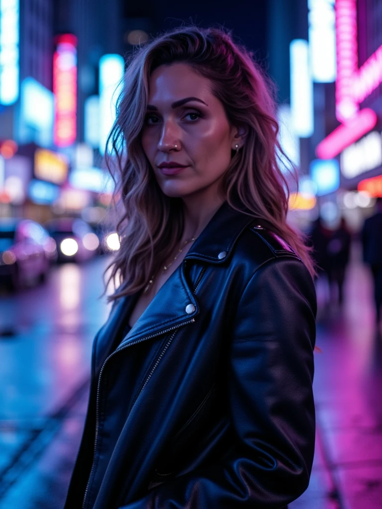 cyberpunk portrait of person amidst a vibrant night city. wearing a sleek neon-lit jacket, standing confidently under the glow of towering neon signs. the bustling street is alive with people and the hum of futuristic vehicles, rain-slicked roads reflecting brilliant hues. vivid blues and purples dominate the atmosphere, casting a surreal, dreamlike aura. high angle view, intense contrast, sharp digital clarity, inspired by retro-futuristic aesthetics.