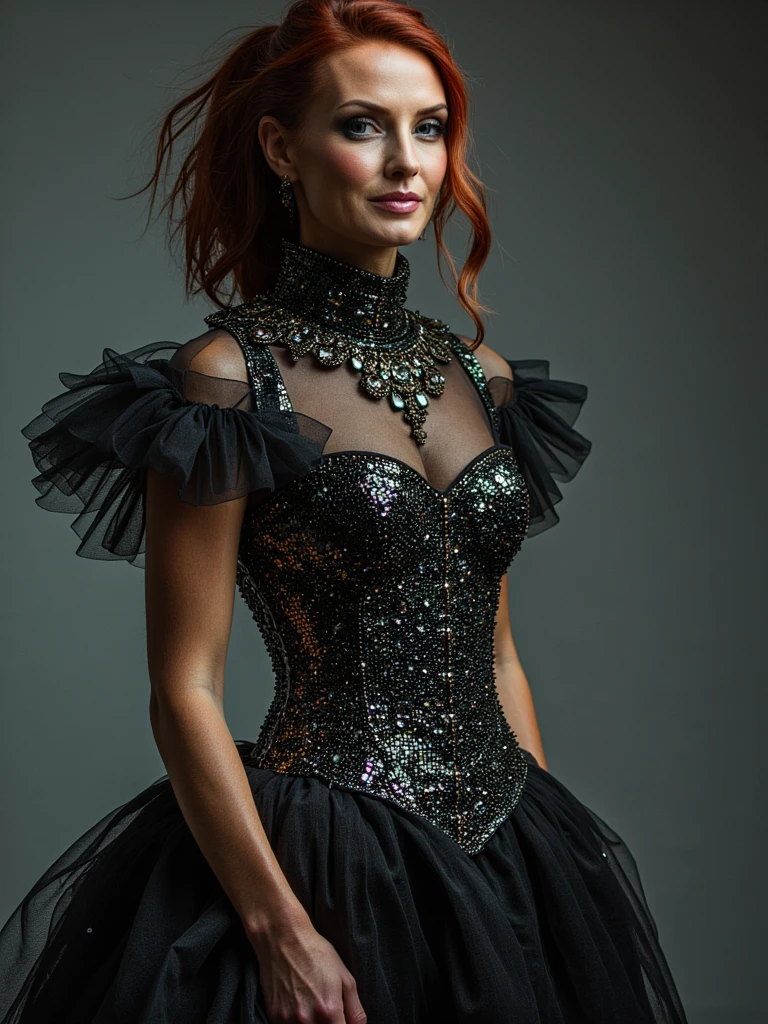 Dramatic fashion editorial, person wearing a corset dress made entirely of gemstones, dramatic high collar, professional studio lighting, stark minimalist background, Vogue-style composition, shot by Annie Leibovitz, cinematic color grading, hyper-detailed textures, she is looking away from the camera