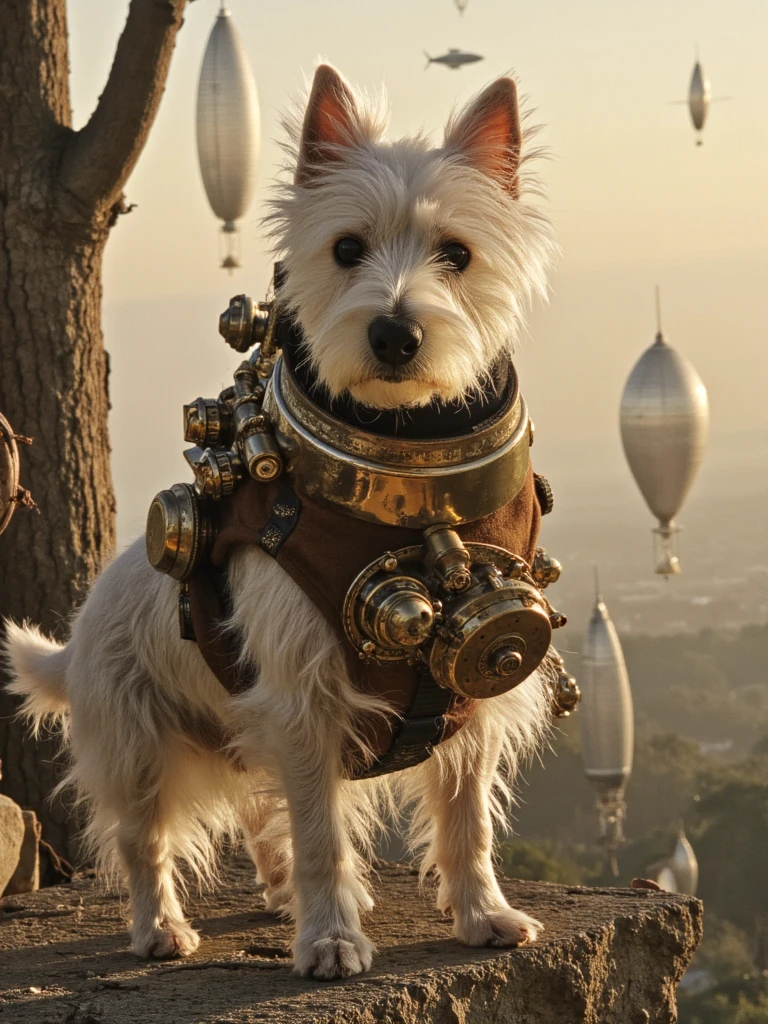 A steampunk-inspired version of dog as a space explorer, wearing a brass-fitted, leather-bound astronaut suit with intricate gears and tubes. The alien world is a fusion of organic and mechanical elements, with massive clockwork trees, steam-powered alien machines, and a golden-hued sky filled with airships floating in the atmosphere. My dog stands on a rocky ledge, surveying the strange and wondrous landscape.