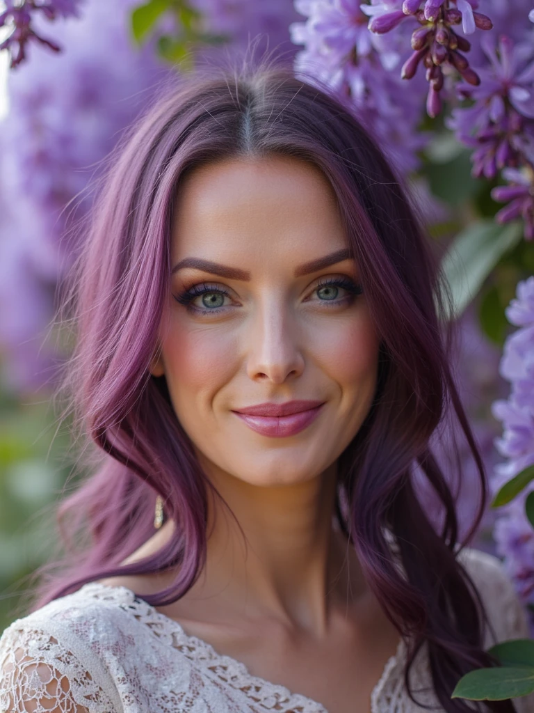 portrait of person in a blooming wisteria garden, she has dark purple hair, shallow depth of field, soft pastel colors, serene expression, detailed face with gentle lighting