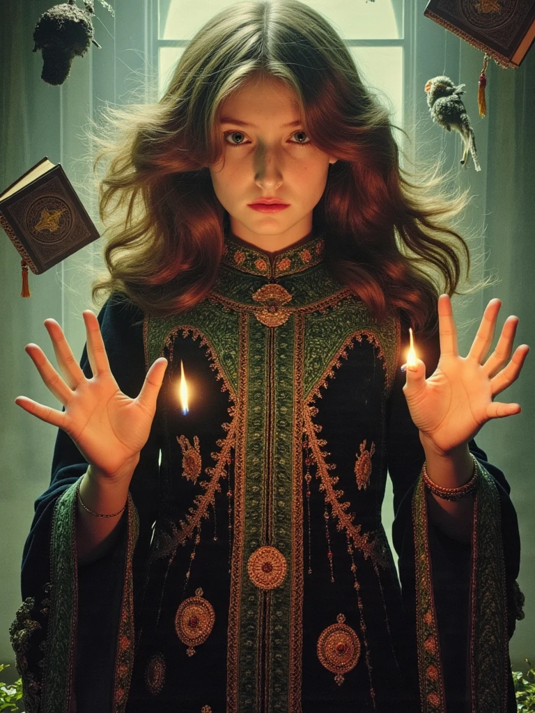 person with piercing eyes that gleam with arcane wisdom, adorned in an ornate witch's robe with intricate embroidery and mystical symbols, commanding the elements with outstretched hands glowing with magical energy, hair flowing wildly as if caught in an ethereal wind, surrounded by floating spell tomes and swirling alchemical ingredients, in a mist-shrouded ancient forest clearing, dramatic lighting casting mysterious shadows across facial features, with a familiar creature perched nearby