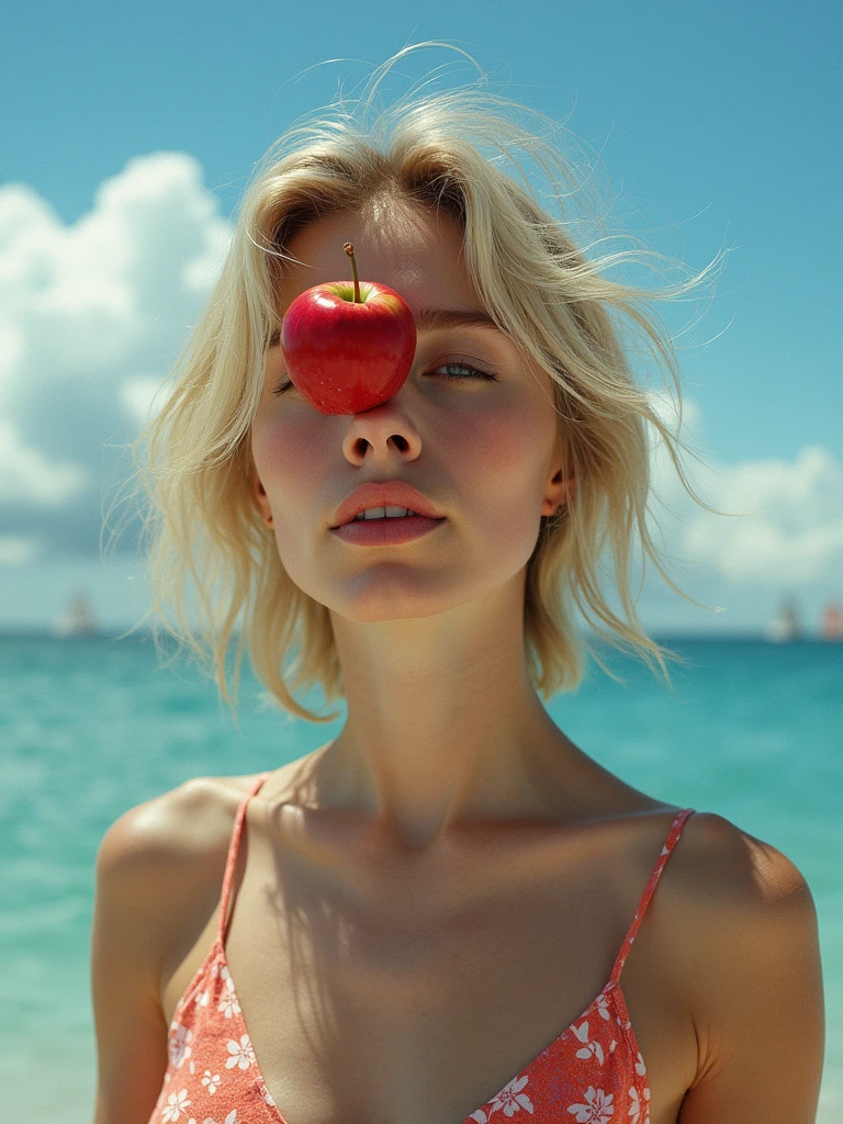 Advertising portarit photography of person, apple in the style of David Kassanin, surrealist fantasy realism, sea background, blue sky, white clouds, sailboats far away
