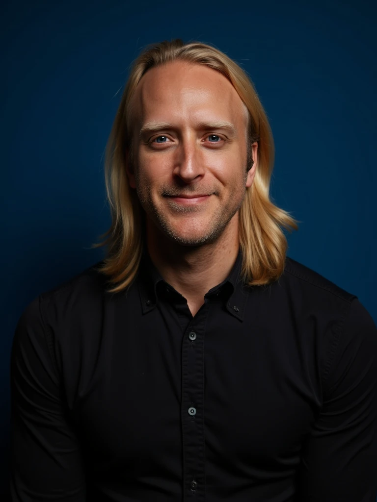 High contrast cinematic portrait photography of person, set against a plain dark blue backdrop. The subject has long blonde hair and smiles subtly, dressed in a dark button-up shirt. Lit dramatically from one side, highlights creating an epic, dual-tone effect. The lighting reveals sharp, intricate details, enhancing the depth across facial features. Ultimate focus on mood and expression. Focal length 85mm lens, slight vignetting, shot on Canon EOS R, majestic yet intimate, capturing personality.