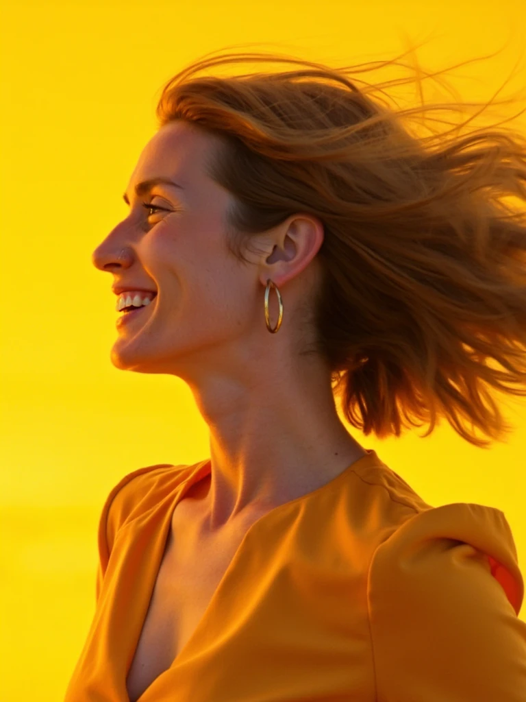 portrait of person, upper-body, street wearing, dynamic portrait of a professional woman fashion model, she has shoulder length brown hair, she is enveloped in vibrant motion blur effects, representing movement and powerful energy, with a vivid yellow background that enhances the perception of speed and fluidity, bokeh effect, UHD, rich detailing