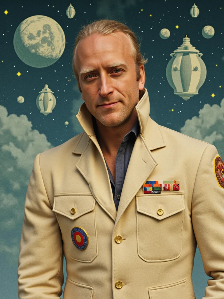 Retro vector art of person as a 1960s space-age traveler on a retrofuturistic moon base with bubble architecture and atomic age design elements