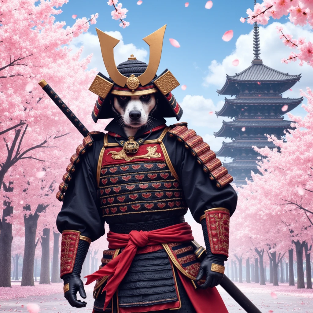 Anime-style art of dog as a samurai warrior with ornate armor and katana, cherry blossoms falling around a traditional Japanese temple in background