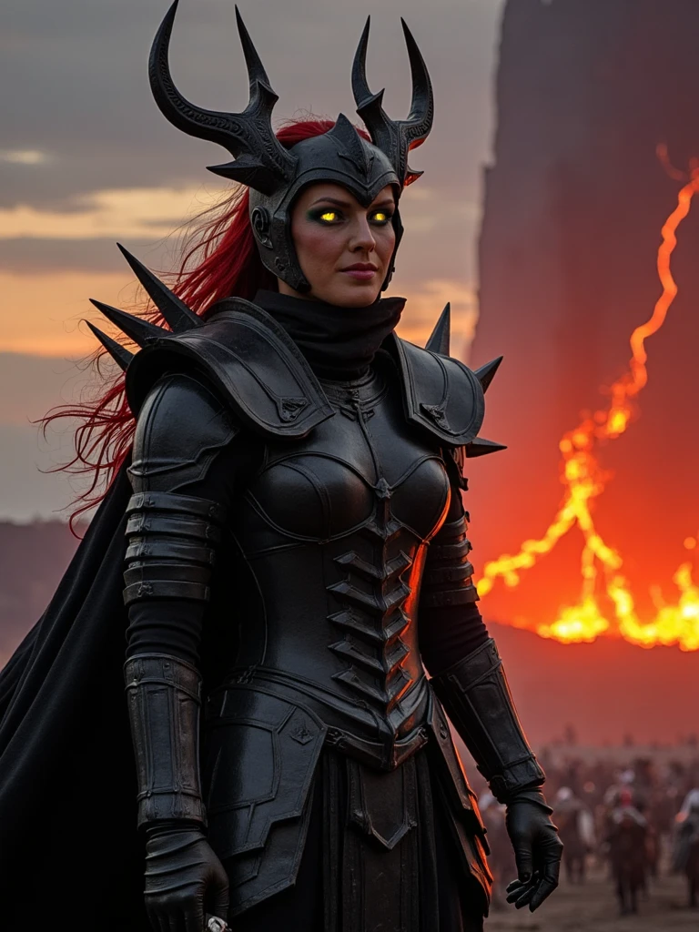Epic dark fantasy portrait of person as female Sauron, the Dark Lord of Mordor, wearing imposing black armor with spikes and the One Ring glowing with fiery inscriptions. Towering figure silhouetted against Mount Doom's erupting volcano, helmet crowned with sharp metal horns, eyes burning with malevolent orange fire. Lightning strikes in the background, armies of orcs visible in the distance. Dramatic lighting, ominous atmosphere, inspired by Peter Jackson's Lord of the Rings and Alan Lee's illustrations.